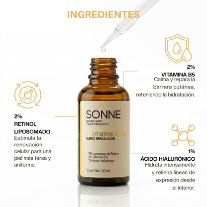 Activos del suero reparador Sonne: 2% Retinol Liposomado, 2% Vitamina B5 y 1% Ácido Hialurónico para rejuvenecer la piel.