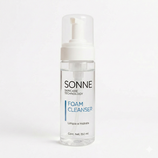 Envase de Foam Cleanser de Sonne Skincare mostrando la textura de espuma blanca con té verde.
