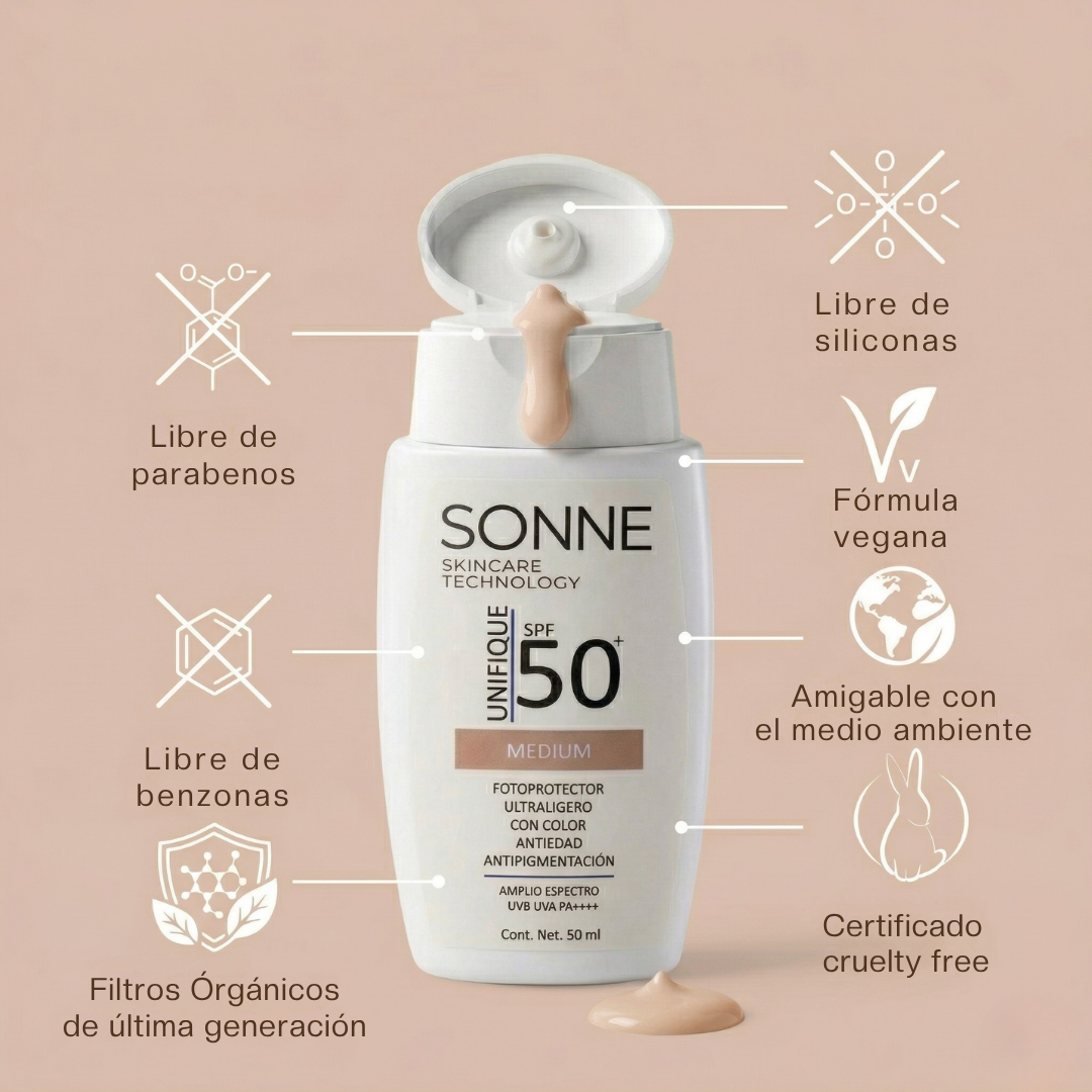 Características de la fórmula de Sonne SPF 50+: libre de parabenos y siliconas, certificado cruelty free y amigable con el medio ambiente.