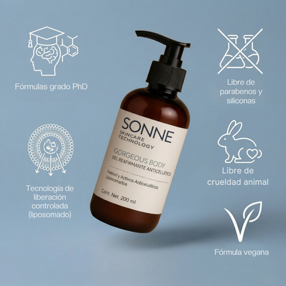 Atributos de formulación del gel Sonne: tecnología de liberación controlada liposomada, fórmula vegana, libre de crueldad animal, sin parabenos ni siliconas.