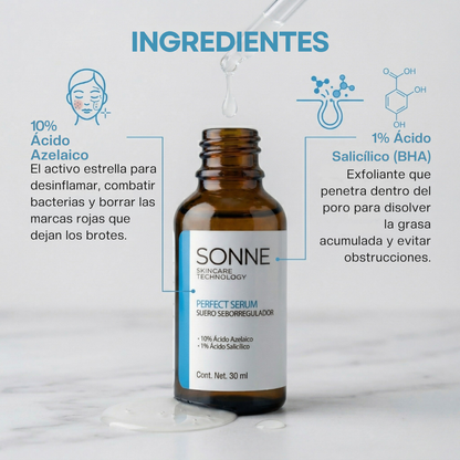 Activos del Perfect Serum: 10% Ácido Azelaico para desinflamar y 1% Ácido Salicílico para limpiar poros profundamente y evitar obstrucciones.