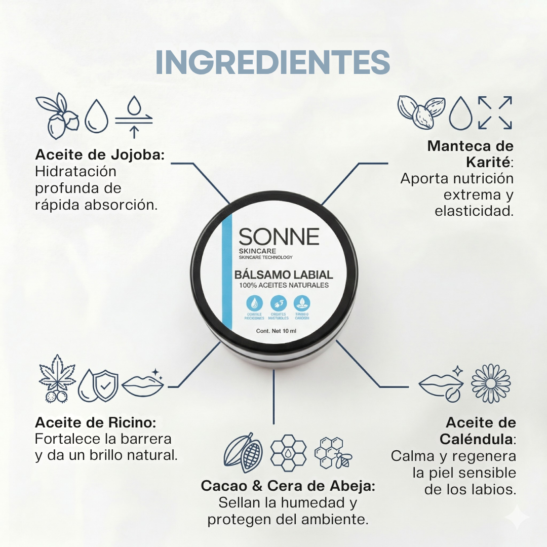 Composición natural del reparador labial Sonne: aceite de jojoba, manteca de karité, ricino y caléndula para regenerar labios sensibles