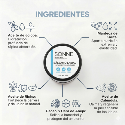 Composición natural del reparador labial Sonne: aceite de jojoba, manteca de karité, ricino y caléndula para regenerar labios sensibles