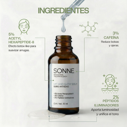 Detalle de activos: 5% Acetyl Hexapeptide-8 (efecto botox-like), 3% Cafeína para bolsas y 2% Péptidos iluminadores para el tono.