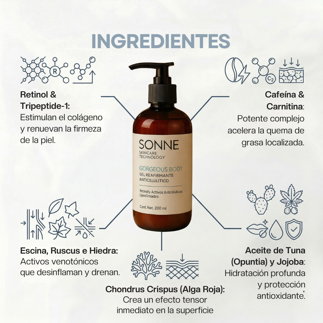 Detalle de ingredientes del gel corporal Sonne: Cafeína y Carnitina para quemar grasa, Retinol para firmeza, Alga Roja con efecto tensor y activos drenantes como Escina e Hiedra.