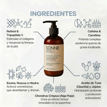Detalle de ingredientes del gel corporal Sonne: Cafeína y Carnitina para quemar grasa, Retinol para firmeza, Alga Roja con efecto tensor y activos drenantes como Escina e Hiedra.