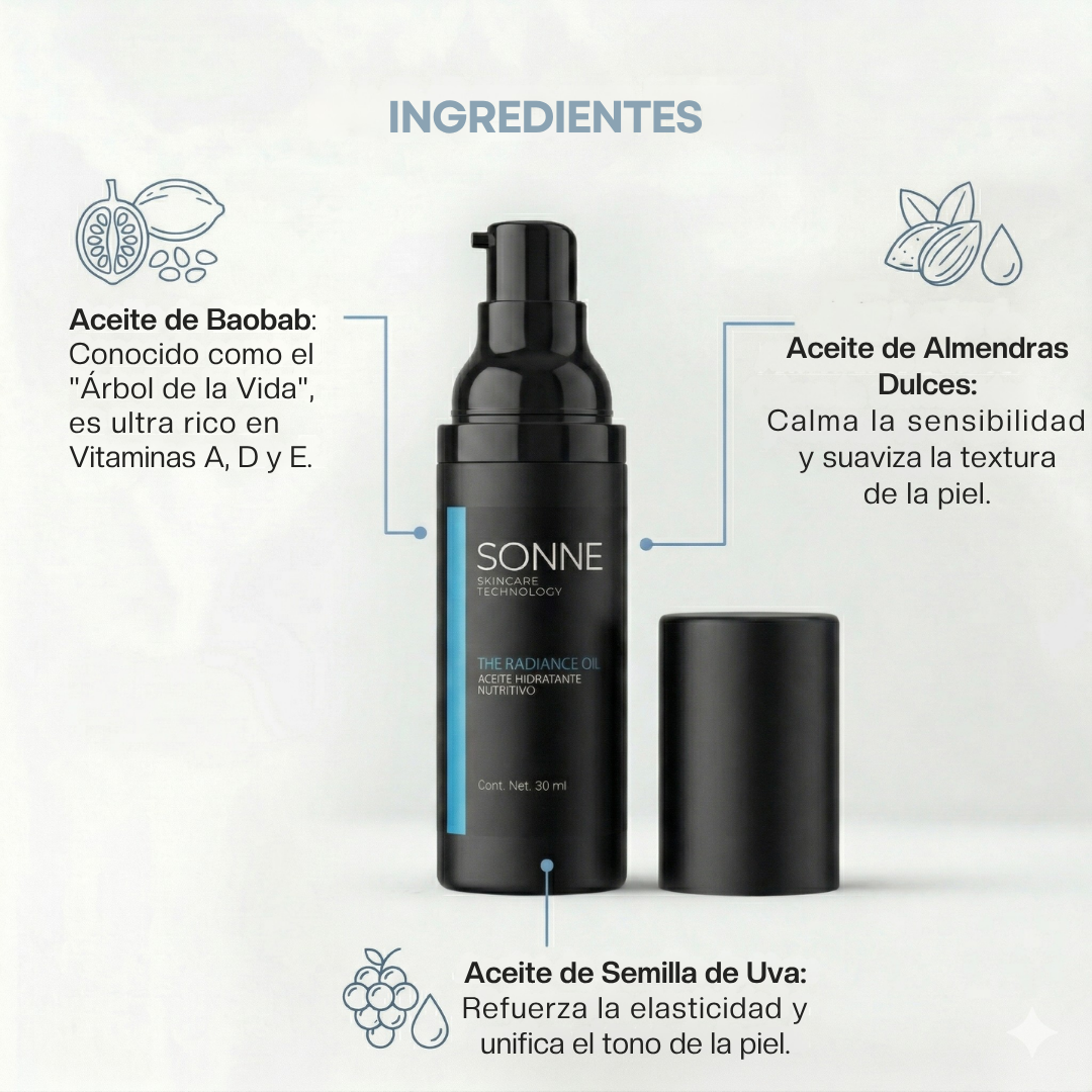 Ingredientes clave de The Radiance Oil: Aceite de Baobab (árbol de la vida), Aceite de Almendras dulces para sensibilidad y Aceite de Semilla de Uva para elasticidad