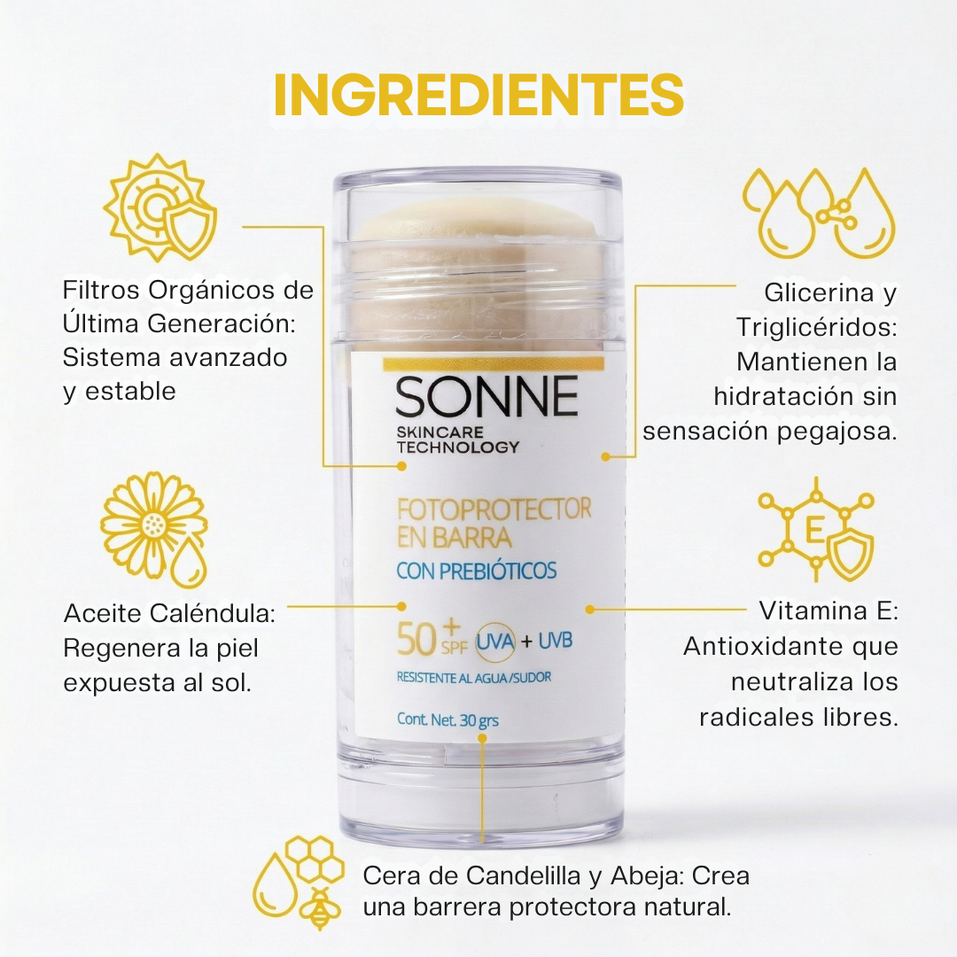 Fórmula del fotoprotector en barra Sonne con prebióticos, vitamina E, caléndula y filtros orgánicos de última generación para una piel hidratada y protegida.