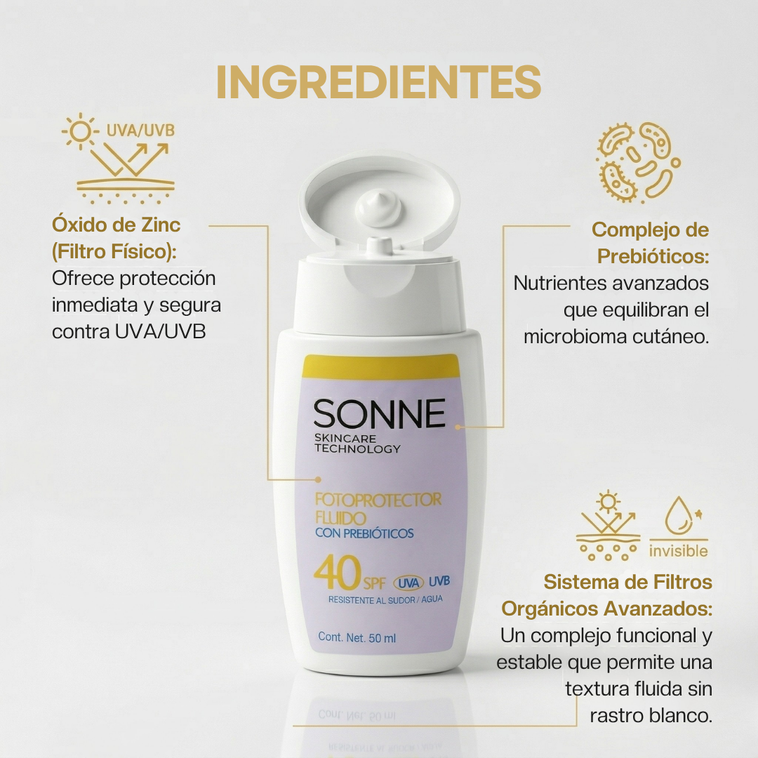 Desglose de los ingredientes activos de Sonne Protect SPF 50+: Complejo de Prebióticos para el microbioma, Óxido de Zinc mineral y filtros orgánicos avanzados.