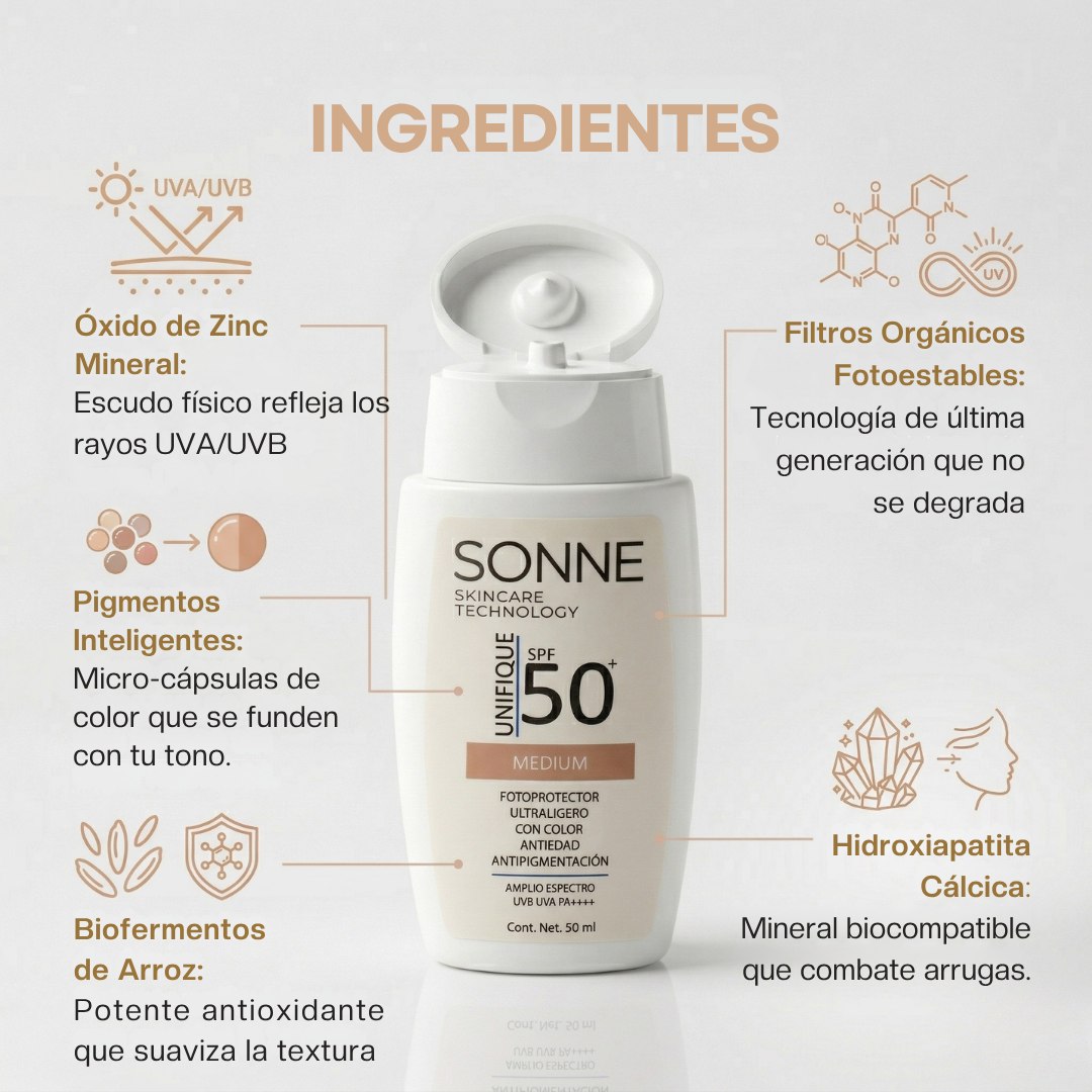 Detalle de ingredientes del bloqueador Sonne SPF 50+ Unifique incluyendo Óxido de Zinc, pigmentos inteligentes y biofermentos de arroz para acción antiedad.