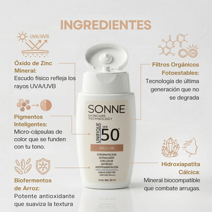Detalle de ingredientes del bloqueador Sonne SPF 50+ Unifique incluyendo Óxido de Zinc, pigmentos inteligentes y biofermentos de arroz para acción antiedad.