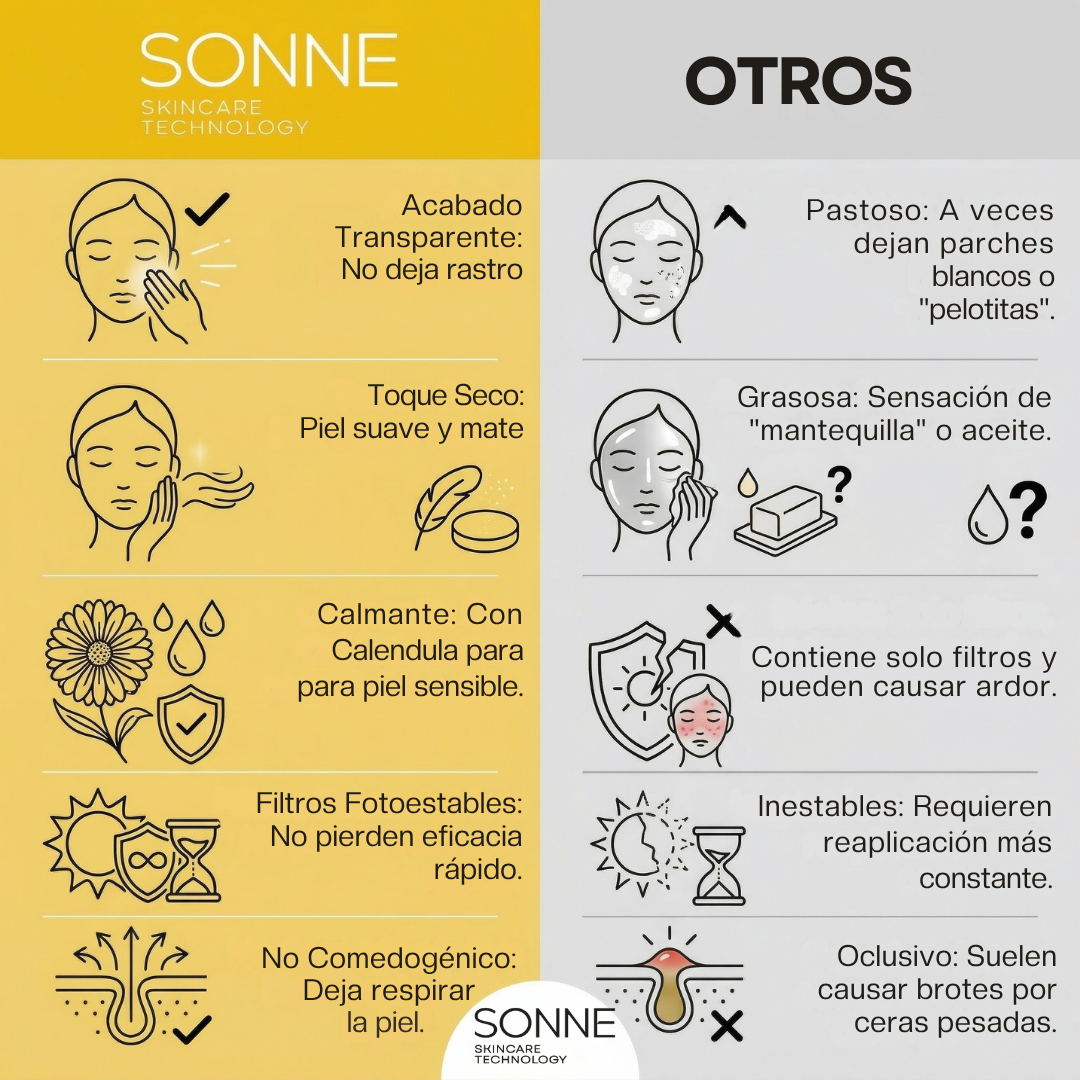 Tabla comparativa: Sonne ofrece acabado transparente, toque seco y es no comedogénico, a diferencia de otros protectores pastosos o grasosos.