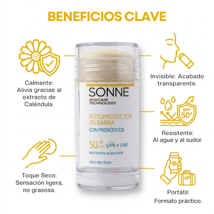 Beneficios del protector solar en barra SPF 50+ de Sonne: acabado invisible, toque seco no graso, resistente al agua y calmante con extracto de caléndula.