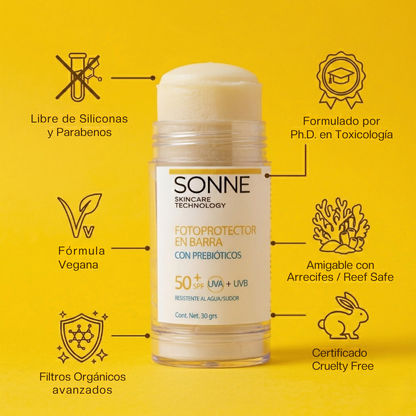 Atributos de pureza de Sonne: protector solar en barra libre de siliconas y parabenos, fórmula vegana, amigable con arrecifes y certificado cruelty fre