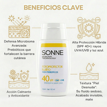 Infografía de los 4 beneficios principales del Sonne Fotoprotector Fluido: Equilibrio del microbioma, alta protección UVA/UVB/luz azul, textura invisible mate y calma para la piel