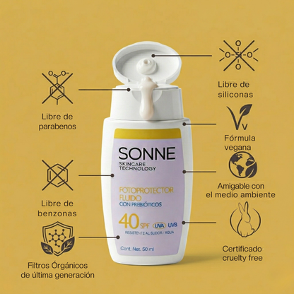 Botella de Sonne Protect SPF 50+ rodeada de iconos indicando que es libre de oxibenzona, avobenzona, amigable con el medio ambiente, vegano y cruelty-free.