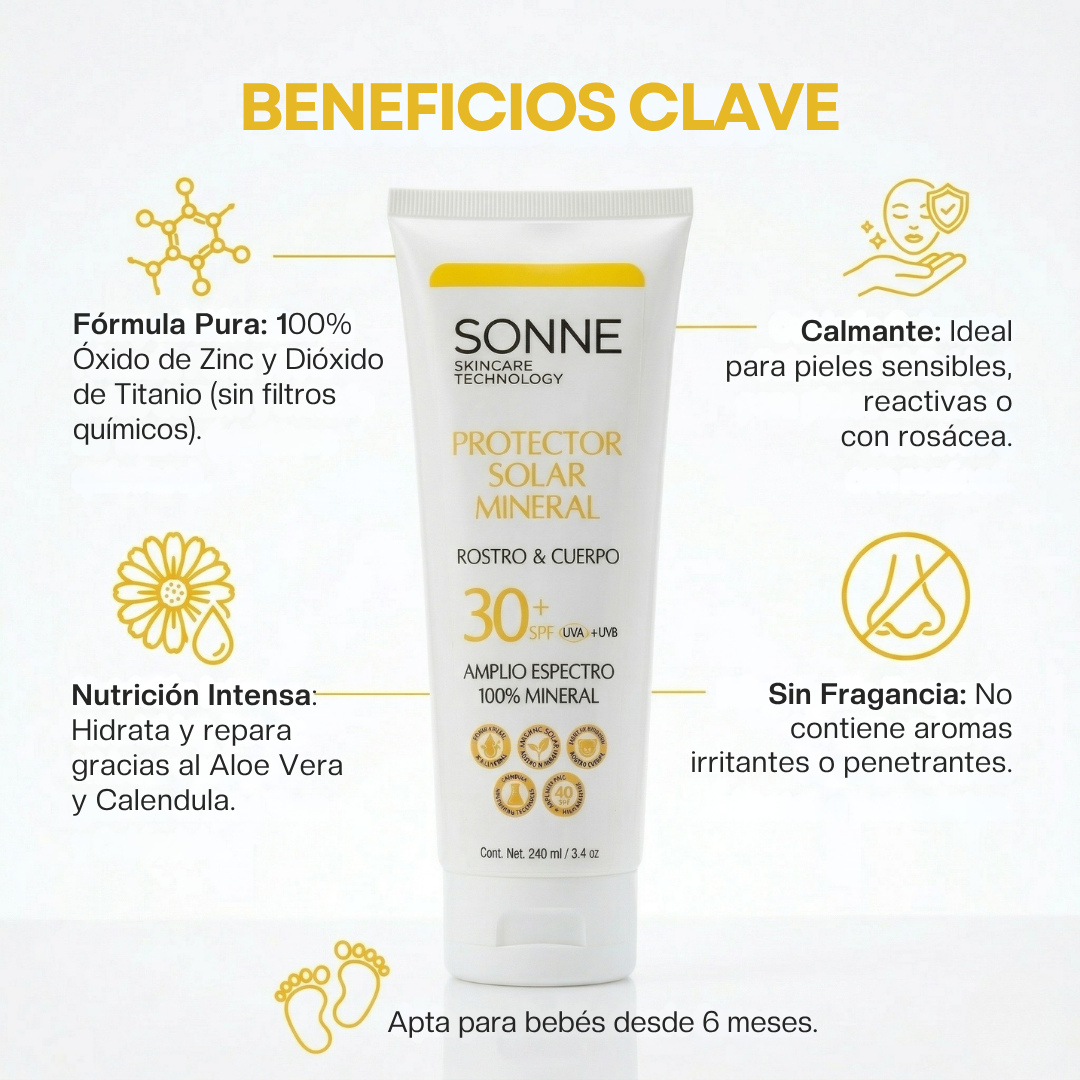 Beneficios del protector solar mineral Sonne SPF 30: fórmula 100% física sin filtros químicos, ideal para piel sensible, rosácea y bebés desde los 6 meses.