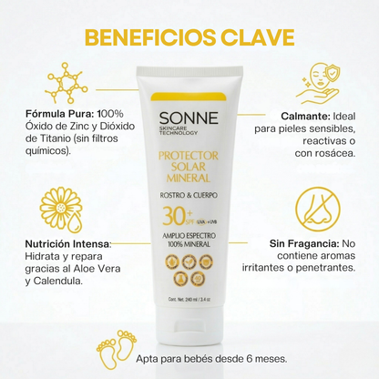 Beneficios del protector solar mineral Sonne SPF 30: fórmula 100% física sin filtros químicos, ideal para piel sensible, rosácea y bebés desde los 6 meses.