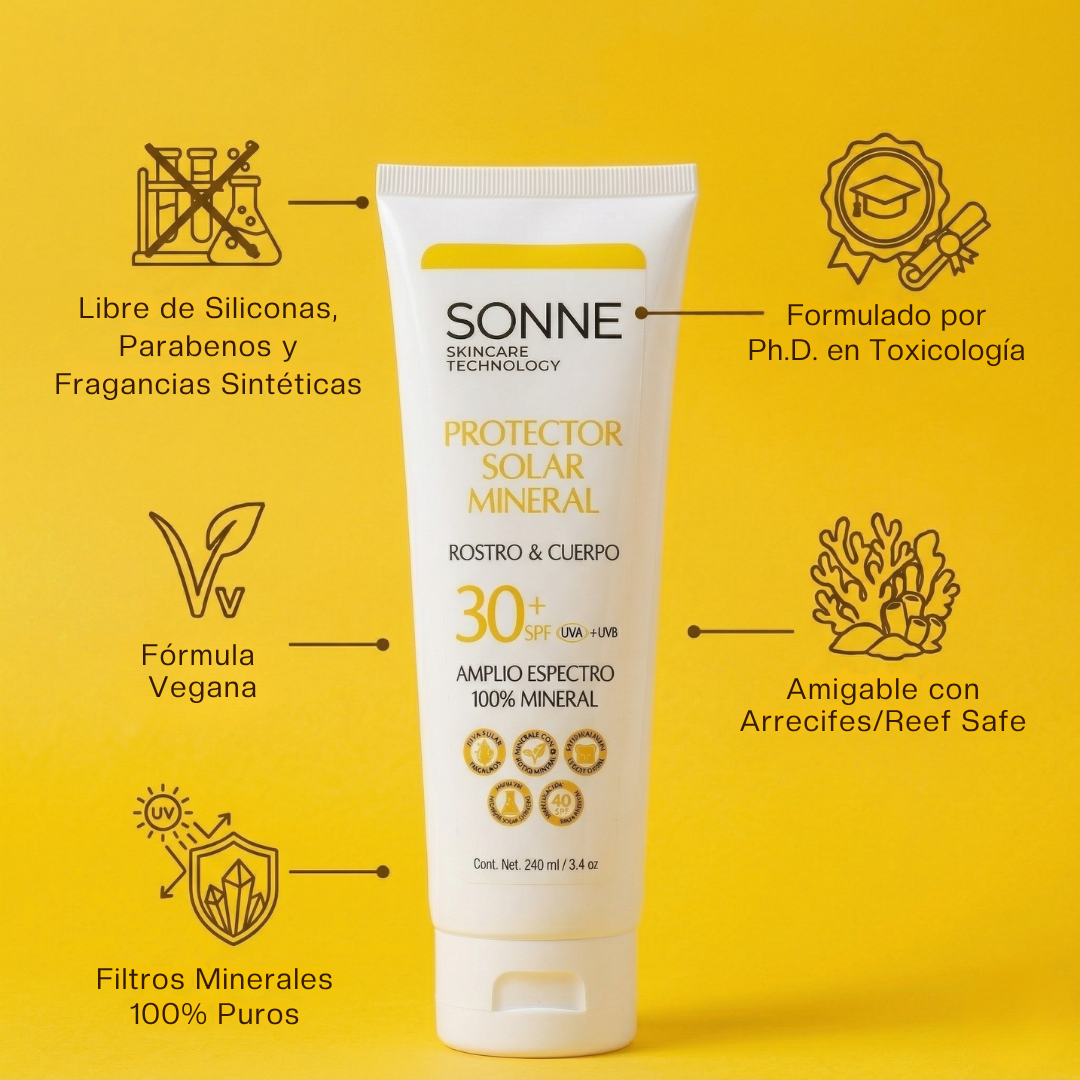 Atributos de pureza de Sonne: bloqueador solar mineral vegano, amigable con arrecifes (reef safe), libre de siliconas y formulado por expertos en toxicología.