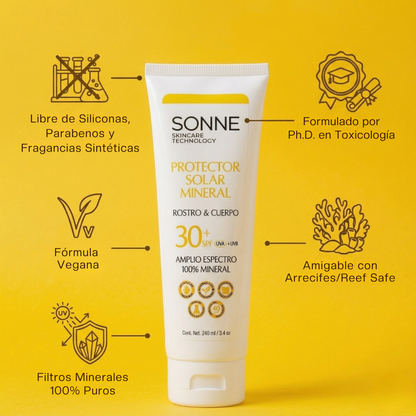 Atributos de pureza de Sonne: bloqueador solar mineral vegano, amigable con arrecifes (reef safe), libre de siliconas y formulado por expertos en toxicología.