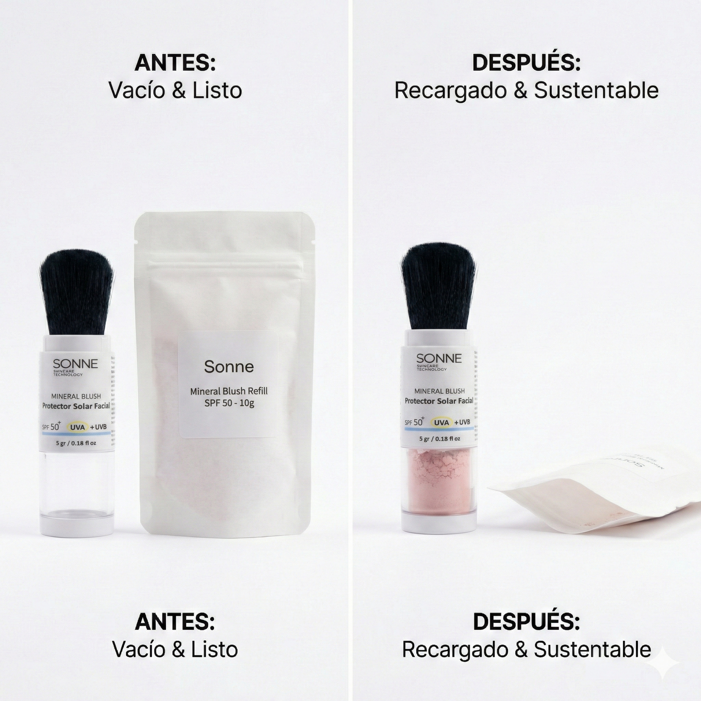 Pasos para recargar el aplicador de brocha con el polvo mineral SPF 50 de Sonne.