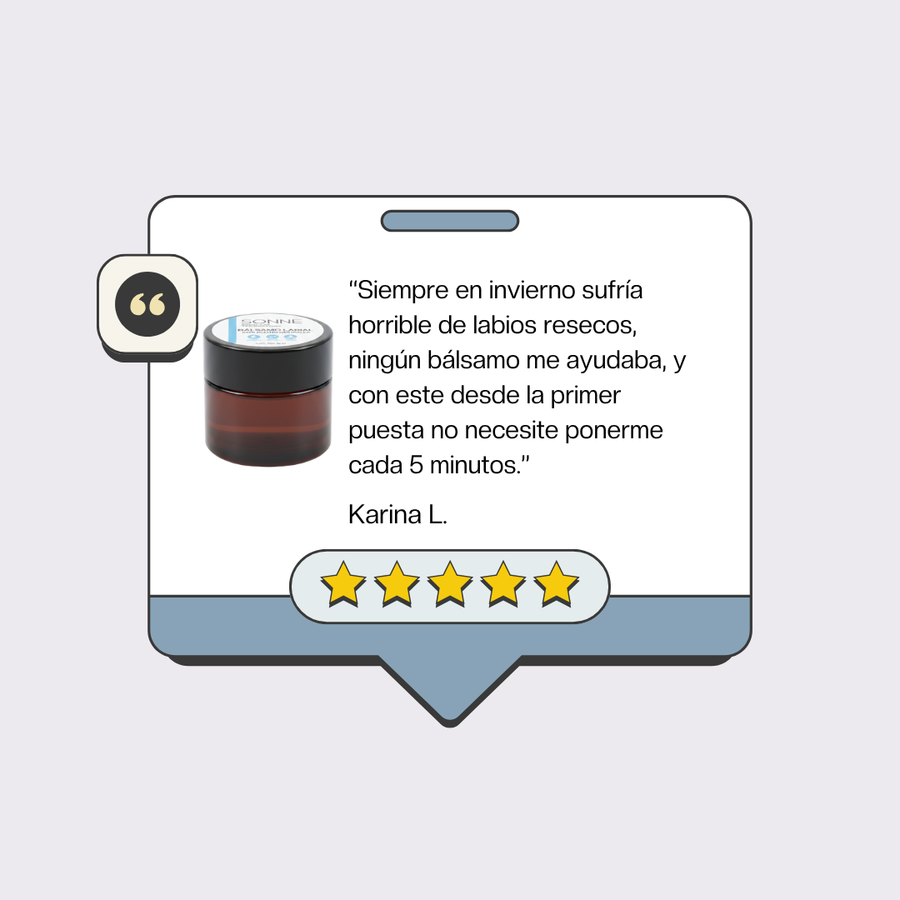 Testimonio de Karina L. sobre el bálsamo labial Sonne, destacando su efectividad para eliminar la resequedad en labios durante el invierno.