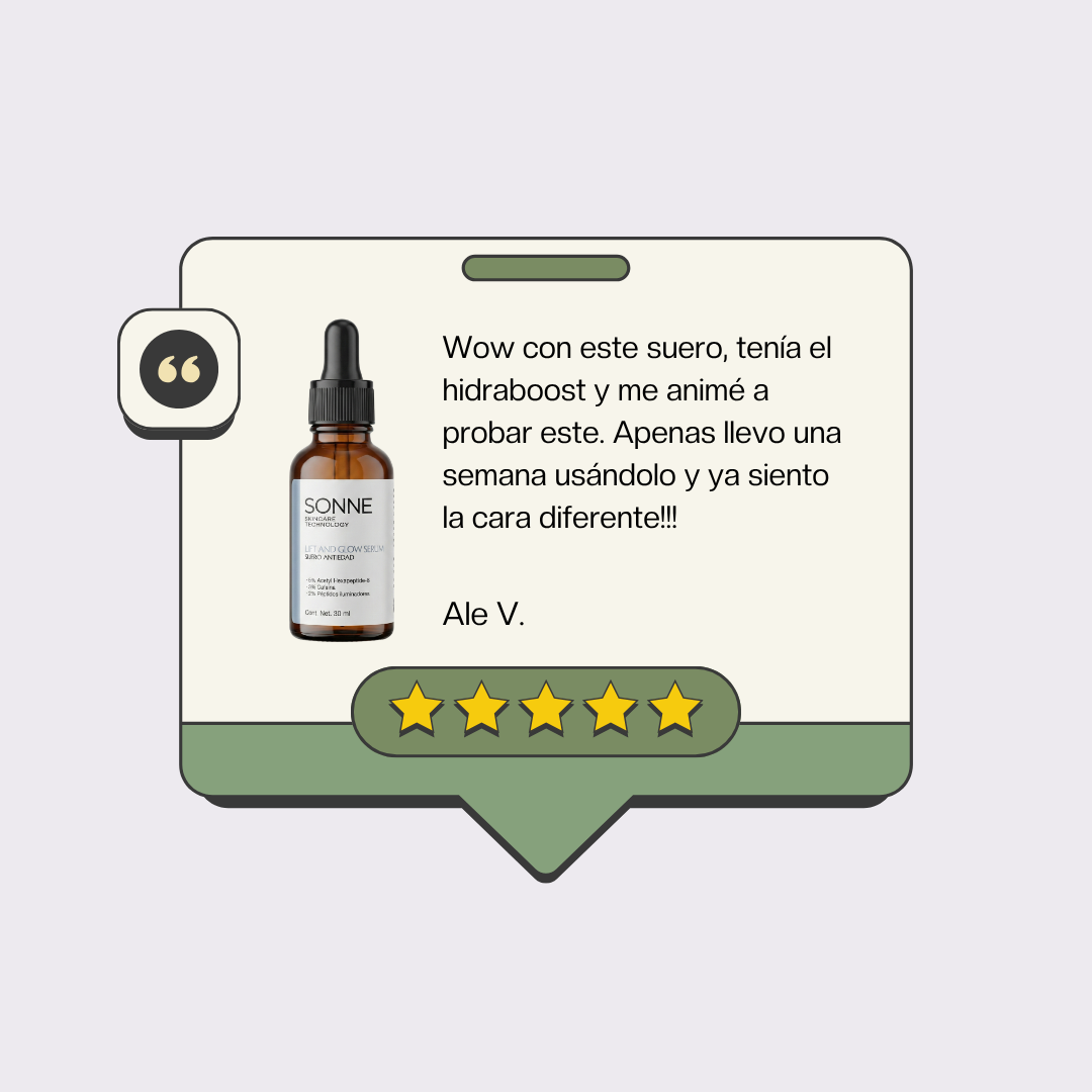 Testimonio de Ale V. sobre el suero Lift and Glow: "Apenas llevo una semana usándolo y ya siento la cara diferente". 5 estrellas.