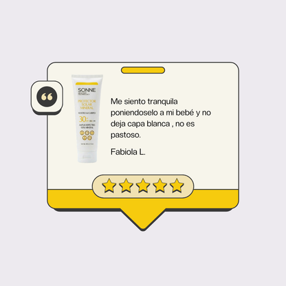 Opinión de Fabiola L. sobre el protector solar mineral Sonne, destacando su seguridad para bebés y su textura ligera que no deja capa blanca.