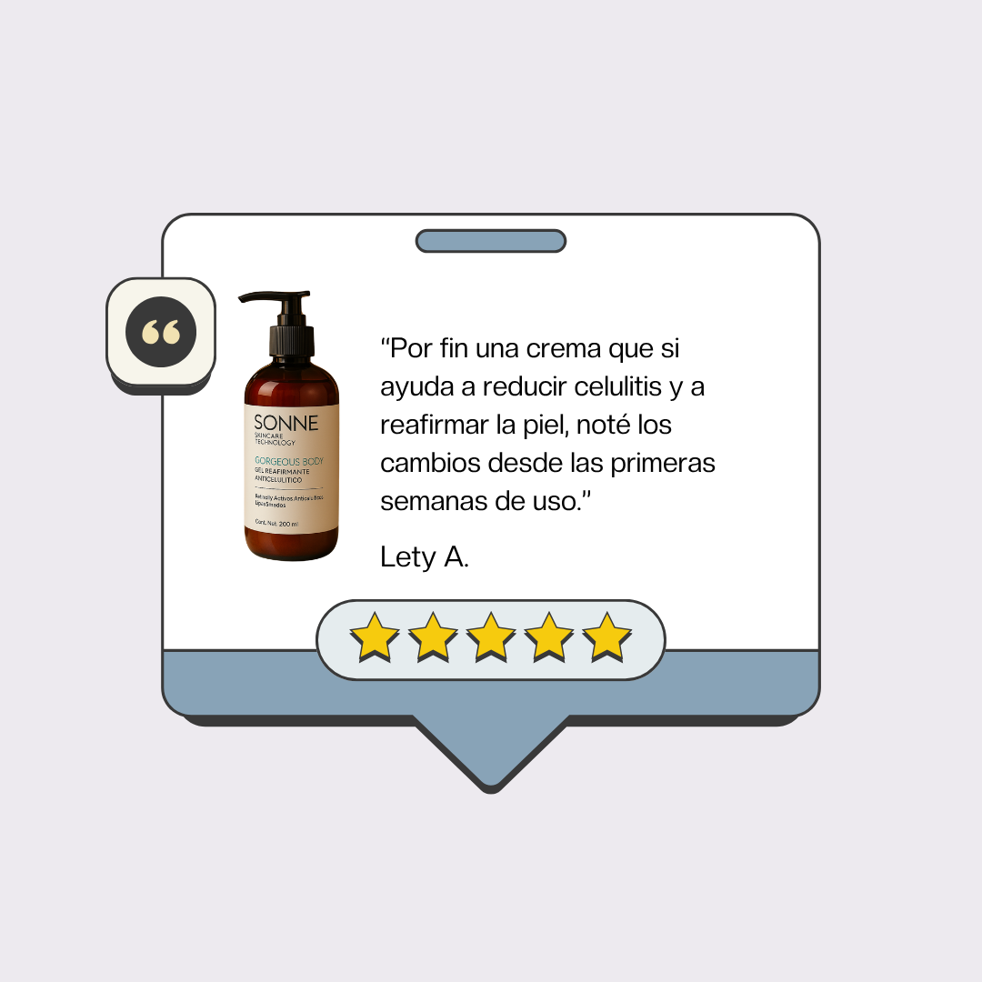 Testimonio de usuario sobre el gel Gorgeous Body de Sonne resaltando resultados en la reducción de celulitis y firmeza de la piel desde las primeras semanas