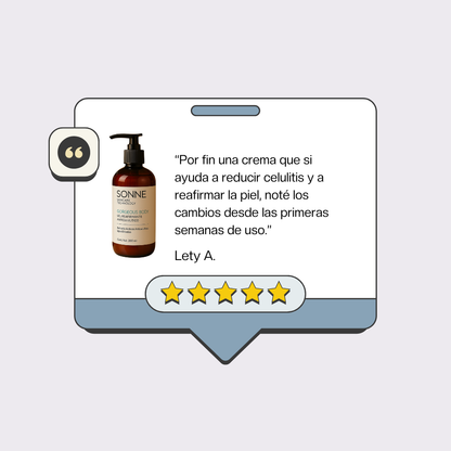 Testimonio de usuario sobre el gel Gorgeous Body de Sonne resaltando resultados en la reducción de celulitis y firmeza de la piel desde las primeras semanas