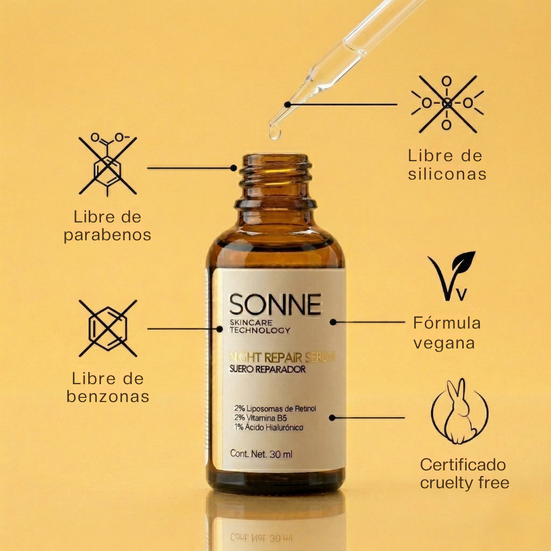 Night Repair Serum de Sonne Skincare: fórmula limpia libre de benzonas y siliconas, certificado cruelty free y vegano.