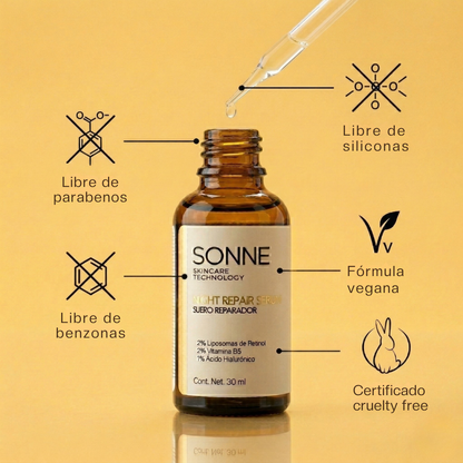 Night Repair Serum de Sonne Skincare: fórmula limpia libre de benzonas y siliconas, certificado cruelty free y vegano.