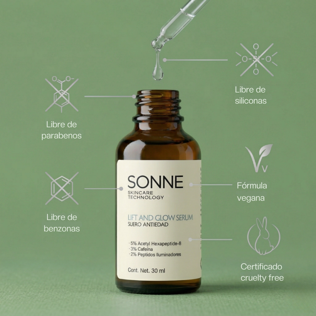 Envase de Lift and Glow Serum mostrando sellos de química limpia: fórmula vegana, libre de siliconas, benzonas y parabenos.
