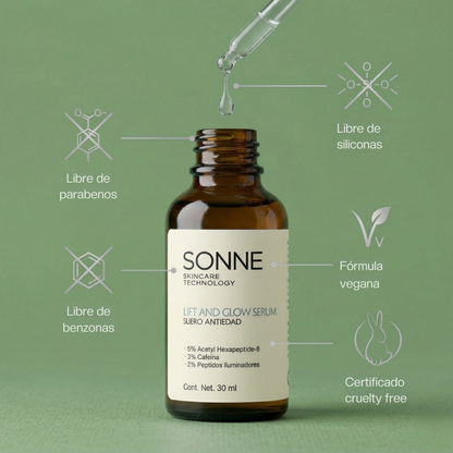 Envase de Lift and Glow Serum mostrando sellos de química limpia: fórmula vegana, libre de siliconas, benzonas y parabenos.