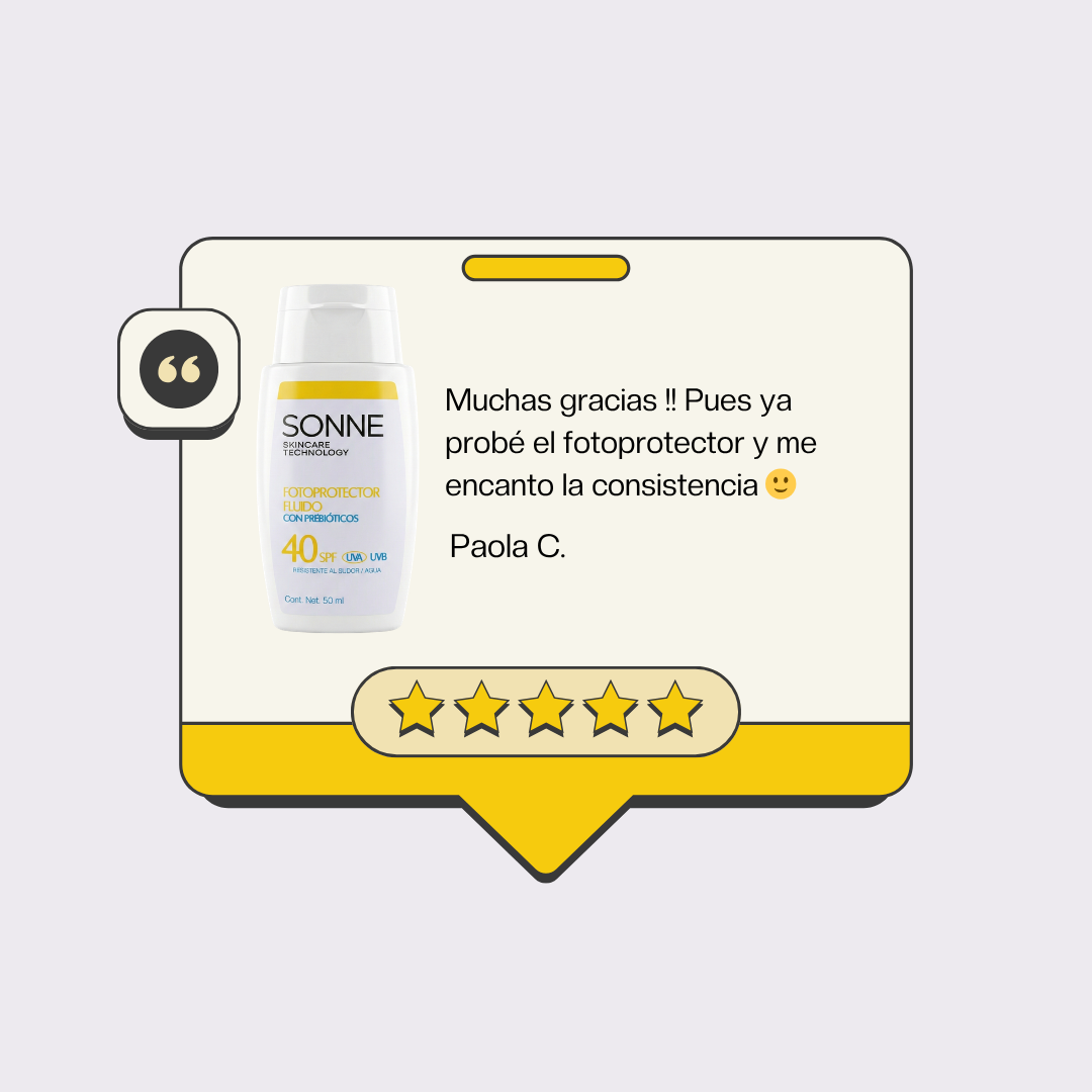 Reseña de 5 estrellas de Paola C. sobre Sonne Protect SPF 50+: "Me encantó su textura invisible y rápida absorción, no deja rastro blanco."