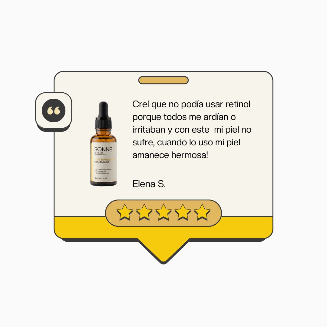 Opinión de usuaria Elena S. sobre el retinol de Sonne: piel hermosa y renovada sin ardor ni irritación cutánea.